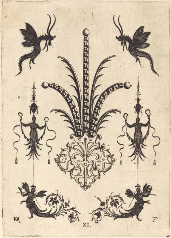 Brooch with Table-Stones, Winged Animals at Top, and Winged Human Beings at Bottom, 1596. Creator: Daniel Mignot.