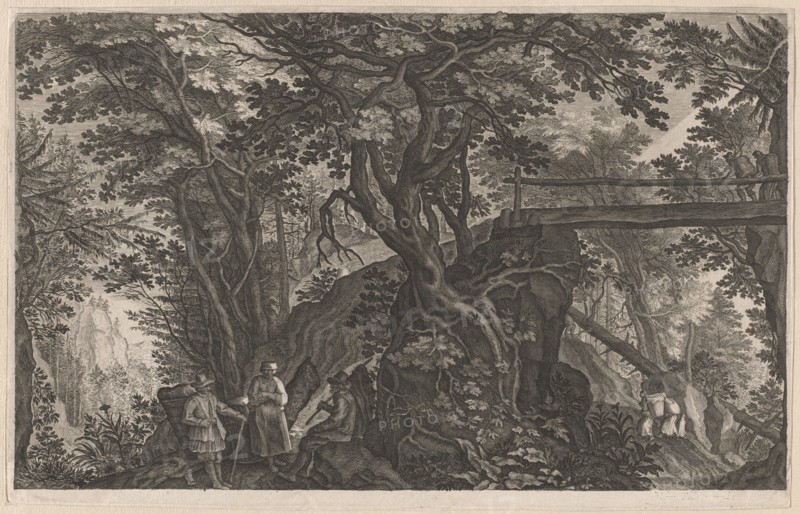 Travelers Resting in a Mountain Forest by a Log Bridge, 1600/1615. Creators: Aegidius Sadeler II, Pieter Stevens.
