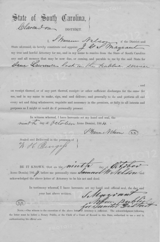 L. Warren Nelson authorizing his Attorney to receive any and all money from the State..., 1864. Creator: Unknown.