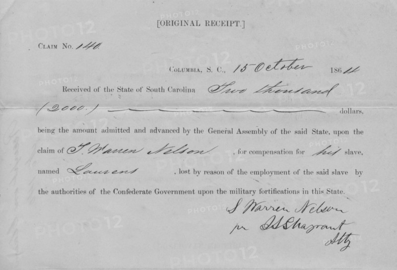 Original receipt for $2,000 compensation obtained by L. Warren Nelson; Columbia..., 1864-10-15. Creator: Unknown.