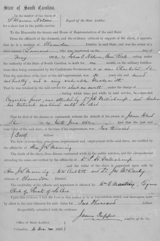 Report of South Carolina State Auditor reviewing facts and making settlement of $2,000..., 1863. Creator: Unknown.