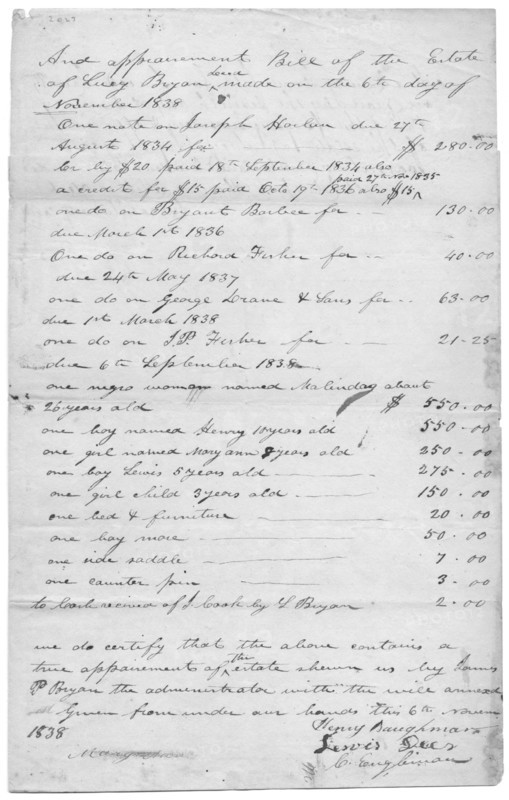List of estate items, including slaves. Top reads 'And appraisement Bill of the estate..., 1838. Creator: Unknown.