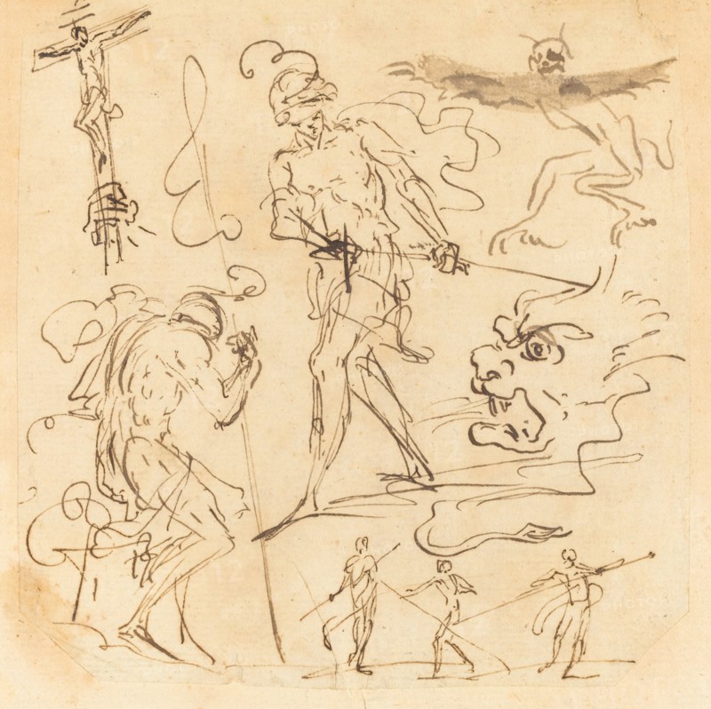Sheet of Studies with a Soldier Drawing a Sword, a Crucifix, Monstrous Animals..., other Figures. Creator: Unknown.