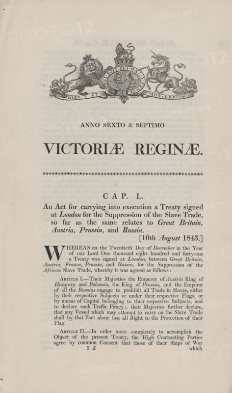 An act for carrying into execution a treaty signed at London for the suppression of the..., 1843. Creator: Unknown.