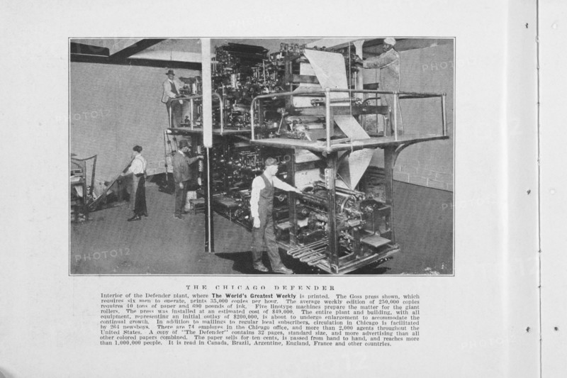 The Chicago Defender; Interior of the Defender plant, where the world's greatest weekly..., 1925. Creator: Unknown.