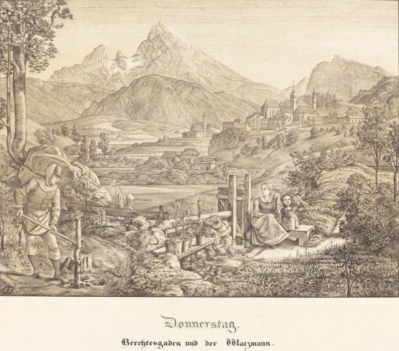 Donnerstag - Berchtesgaden und der Watzmann (Thursday - Berchtesgaden and the...), 1823. Creator: Ferdinand Olivier.