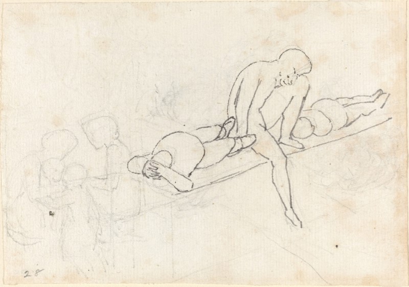 Seated Man Flanked by Two Reclining Figures; Huddle of Figures in Lower Left Corner, c. 1790. Creator: John Flaxman.
