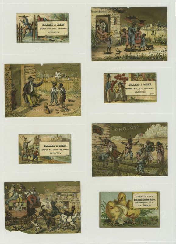 Trade cards depicting a hatching chick, a knight, balloons, swimming, fishing from..., c1876-c1890. Creator: Unknown.