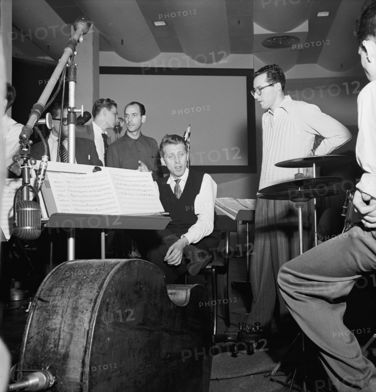Portrait of Stan Kenton, Pete Rugolo, and Harry Forbes, Capitol studio, ca. Jan. 1947. Creator: William Paul Gottlieb.