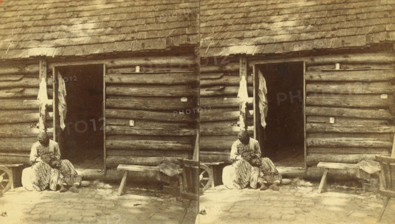 An hour's hunting. [Woman checking a girl's head for lice in front of cabin], (1868-1900?). Creator: O. Pierre Havens.