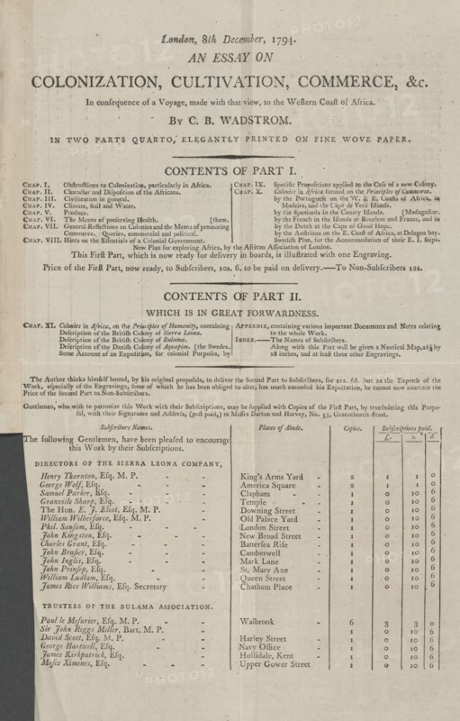 Prospectus for: An essay on colonization, cultivation, commerce, in consequence of a voyage..., 1794 Creator: Unknown.