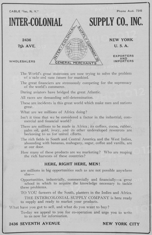 Inter-colonial Supply Co., Inc.; 2436 7th Ave., New York, U.S.A.; Wholesalers; Export..., 1918-1922. Creator: Unknown.