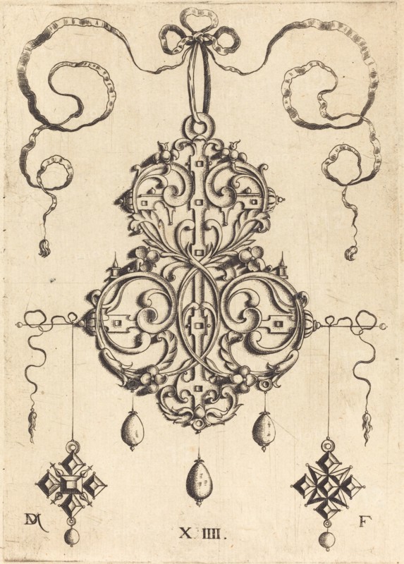 Strapwork Pendant with Three Drops and Two Cross-Shaped Pendants as Earrings at Left and Right. Creator: Daniel Mignot.