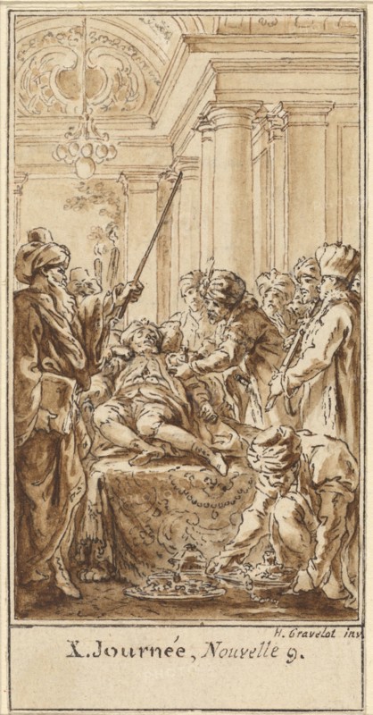Tenth Day, Ninth Story: Saladin Bestows Rich Gifts on the Sleeping Torello, c. 1757. Creator: Hubert Francois Gravelot.