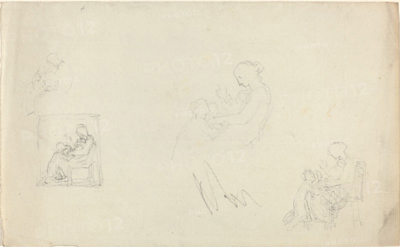 Four Studies of a Seated Woman with Children at Her Feet (Sketches for the Monument..., c. 1816?. Creator: John Flaxman.