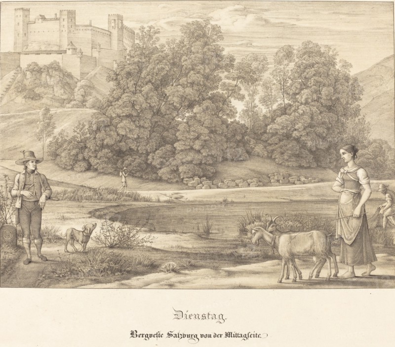 Dienstag - Bergveste Salzburg vor der Mittagseit (Tuesday - The Castle of Salzburg...), 1823. Creator: Ferdinand Olivier.