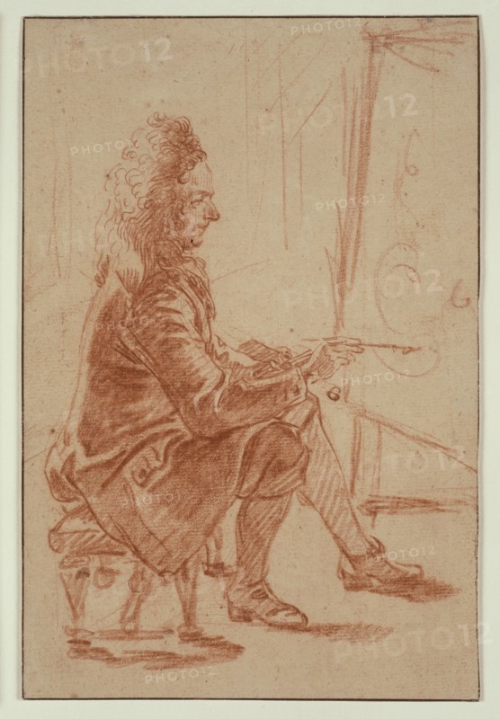 A Bewigged Painter (Possibly Claude Audran), Seated at his Easel, Seen in Profile, c. 1709. Creator: Jean-Antoine Watteau.