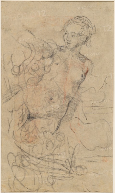 A Reclining Nude with Her Right Arm Raised over a Swift Composition Study [verso], c. 1763. Creator: Jean-Baptiste Deshays.