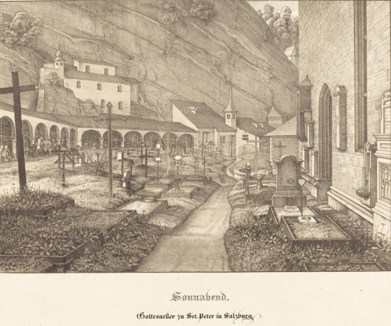 Sonnabend - Gottesacker zu St. Peter in Salzburg (Saturday - Graveyard of St. Peter's...), 1823. Creator: Ferdinand Olivier.