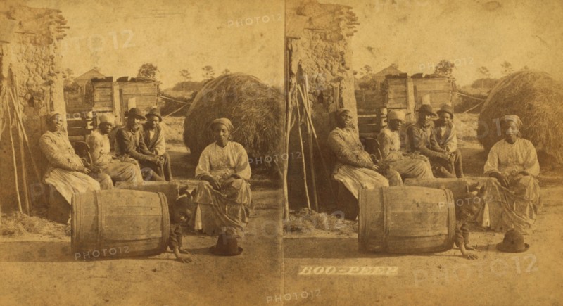 Boo-Peep. [Group of men and women seated outside, child peeking out of a barrel...], (1868-1900?). Creator: O. Pierre Havens.