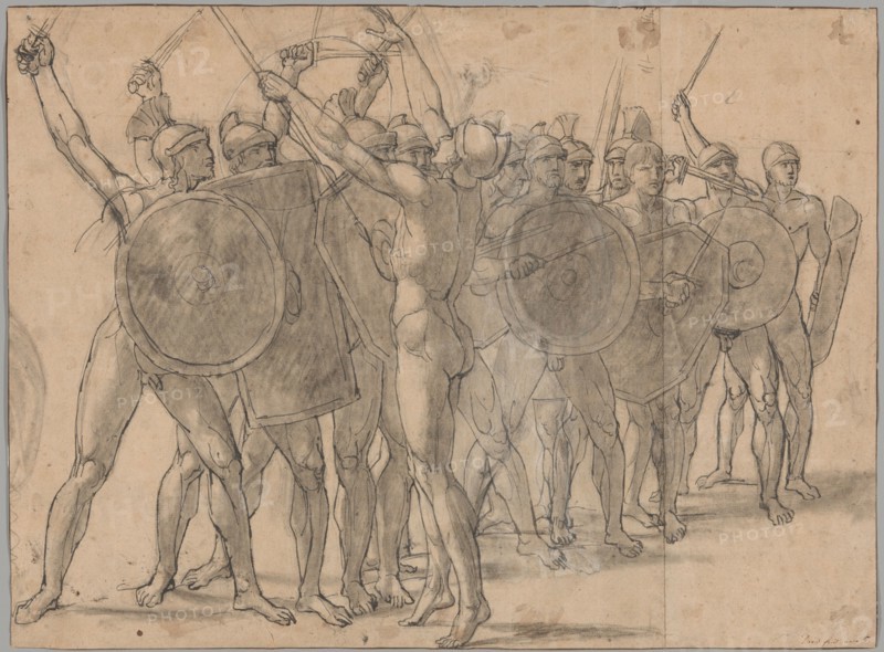 Nude Soldiers Gesticulating with Their Weapons (recto); Two Drapery Studies for the..., 1796/97. Creator: Jacques-Louis David.