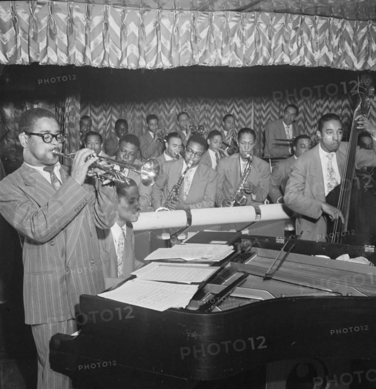 Portrait of Dizzy Gillespie, John Lewis, Cecil Payne, Miles Davis, and Ray Brown..., New York, 1946. Creator: William Paul Gottlieb.