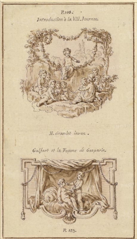 Nine Children Listening to a Girl Tell a Story; A Boy Handing a Purse to a Girl Seated..., c. 1757. Creator: Hubert Francois Gravelot.