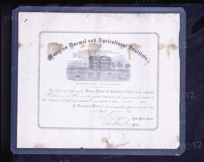 Diploma awarded to William A.Yancey by Hampton Normal and Agricultural Institute, June 12, 1873. Creators: Unknown, Samuel Smith Kilburn.