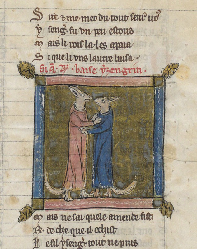 Reynardus and Ysengrimus. Miniature from Renart le Nouvel by Jacquemart Giélée, c. 1300. Creator: Anonymous.