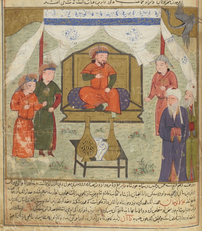 Hulagu Khan and Courtiers. Miniature from Jami' al-tawarikh (Universal History), ca 1430. Creator: Anonymous.