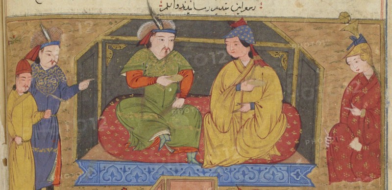 Hulagu Khan at a party. Miniature from Jami' al-tawarikh (Universal History), ca 1430. Creator: Anonymous.