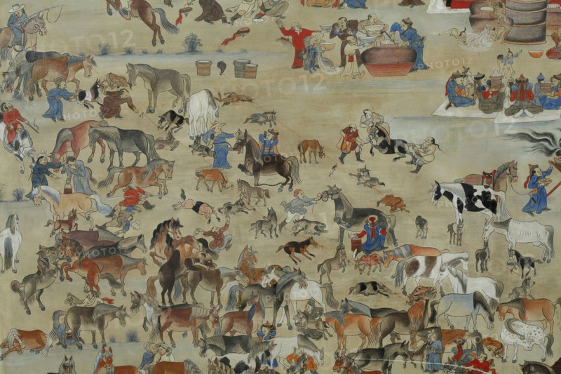 Airag Feast. Detail from "One Day in Mongolia, Summer", 1905-1913. Creator: Sharav, Balduugiin Marzan (1869-1939).