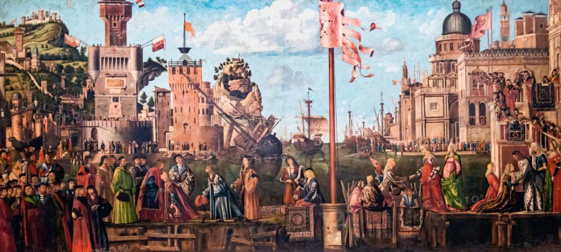 Meeting of the Betrothed Couple and the Departure of the Pilgrims (The Legend of Saint..., 1495-1500 Creator: Carpaccio, Vittore (1460-1526).