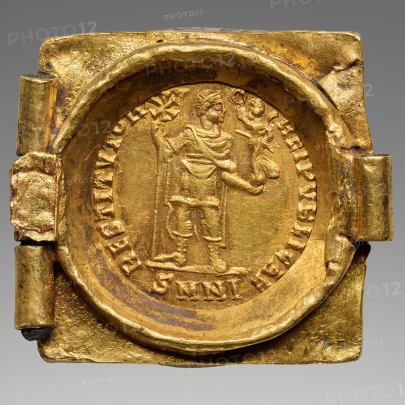 Link from a Coin Belt: Emperor with vexillum and crowning Victory, 379-395. Creator: Numismatic, Ancient Coins  .