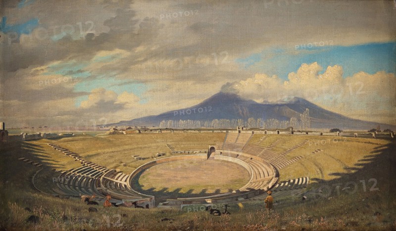 Amphitheatre in Pompeii with Vesuvius in the background, Second Half of the 19th cen.. Creator: Fristrup, Niels (1837-1909).