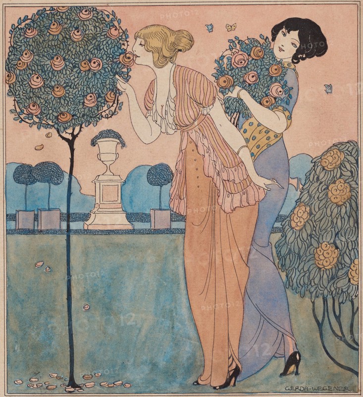 Two young ladies in the rose garden. Creator: Wegener, Gerda (1886-1940).