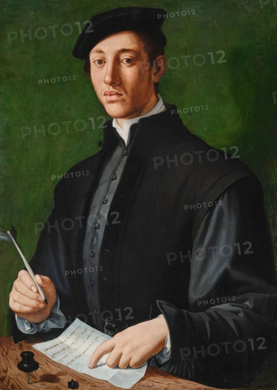 Portrait of a young man with a quill and a sheet of paper (Self-Portrait), c. 1527. Creator: Bronzino, Agnolo (1503-1572).