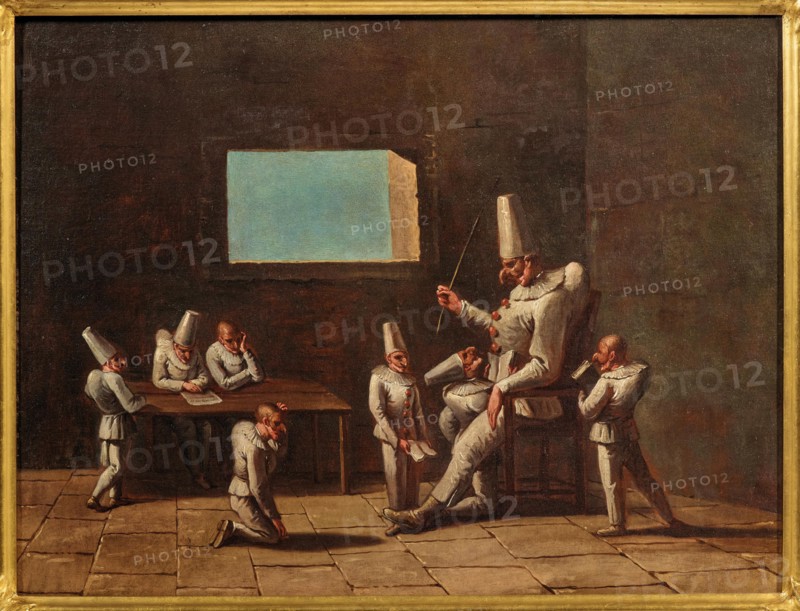 Scene of the education of Pulcinella, 18th century. Creator: Anonymous.