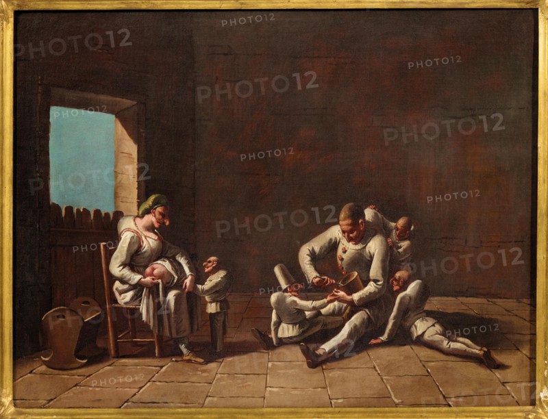 Scene of the education of Pulcinella, 18th century. Creator: Anonymous.
