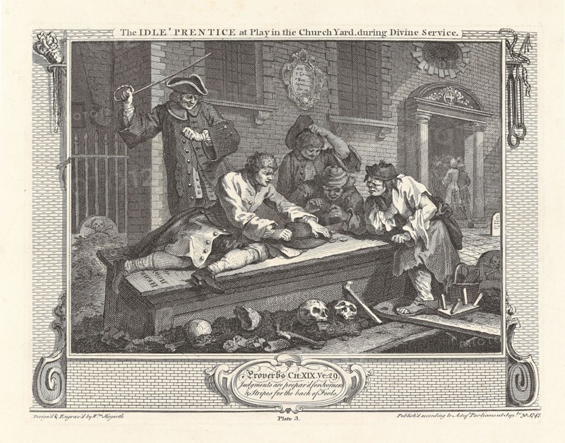 Series "Industry and Idleness", Plate 3: The Idle 'Prentice at Play in the Church Yard..., 1747. Creator: Hogarth, William (1697-1764).