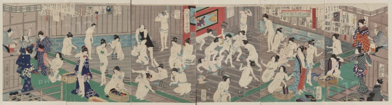 Naked bodies compared to irises in hot water... , 1868. Creator: Kunichika, Toyohara (1835-1900).