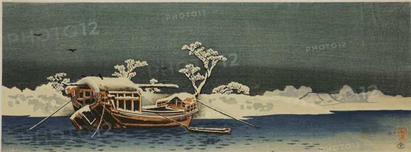 Boat on a river in snowy weather, before 1910. Creator: Takahashi, Hiroaki (1871-1945).
