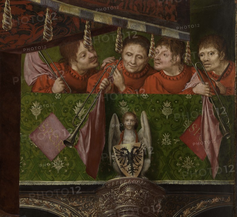 Altarpiece of the Joiners' Guild. Detail: the trumpeters, 1511. Creator: Massys, Quentin (1466-1530).