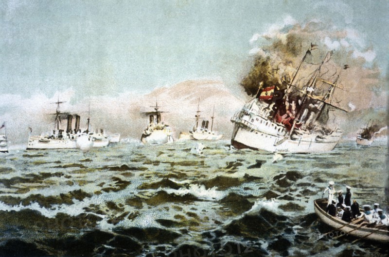 Spanish American War: Destruction of the Spanish squad in the naval battle of Cavite, 1898. Creator: Bejar Novella, Pablo (1869-1920).