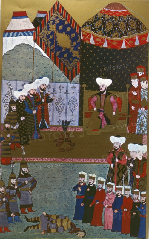Murat II, with one blow of his sword cuts in two the steel helmet of the Hungarian... (1584-1589). Creator: Unknown.