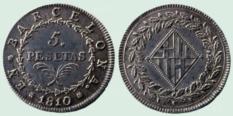 Five silver pesetas - Napoleonic occupation, obverse and reverse, 19th century. Creator: Cinco pesetas de plata. Ocupación napoleónica. Ceca : Barcelona. Anverso y reverso.