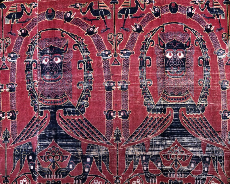 Tapestry of 'Las Brujas', silk fabric decorated with alternating monsters and..., 12th century. Creator: Unknown.