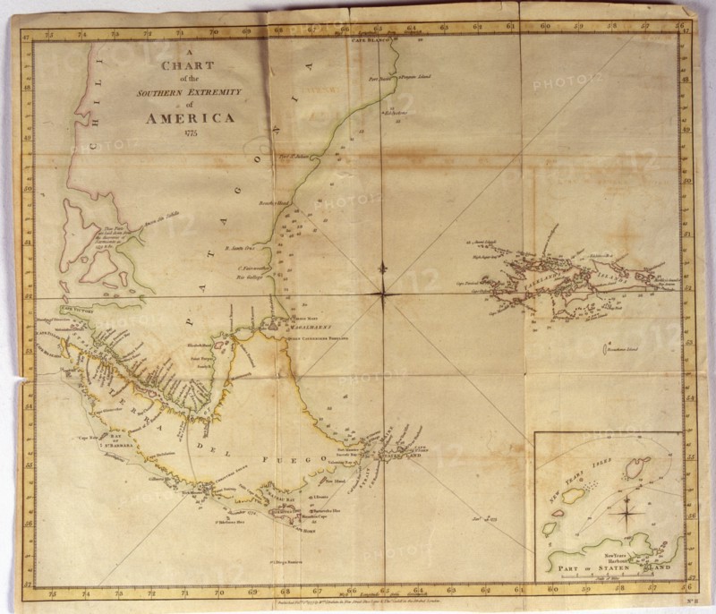 Coloured nautical chart of the end of South America with the Strait of Magellan and inset of...1775. Creator: Stratham W. (18th century).