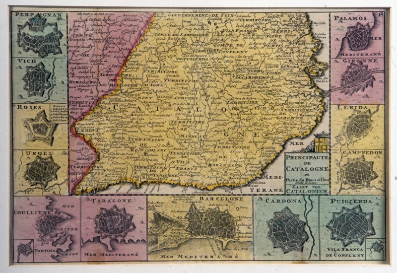 1725 copper-engraved map of the Principality of Catalonia, which includes the plans of Perpignan... Creator: La Feuille, Daniel (1640-1709).