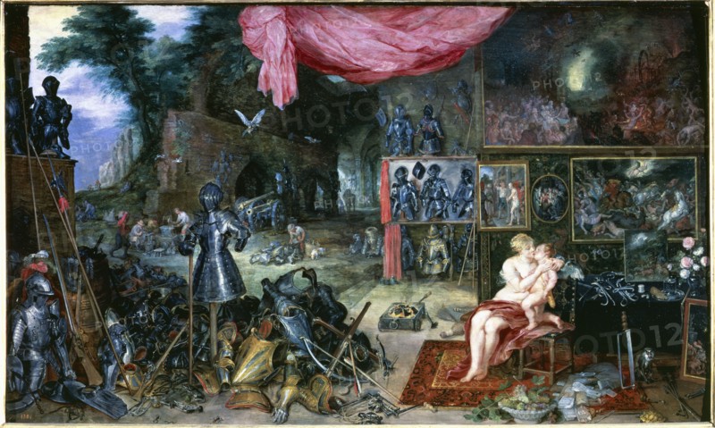 The touch'. Venus and Cupid kissing in a room full of armour, 17th century. Creator: Brueghel de Velours, Jan (1568 - 1625).